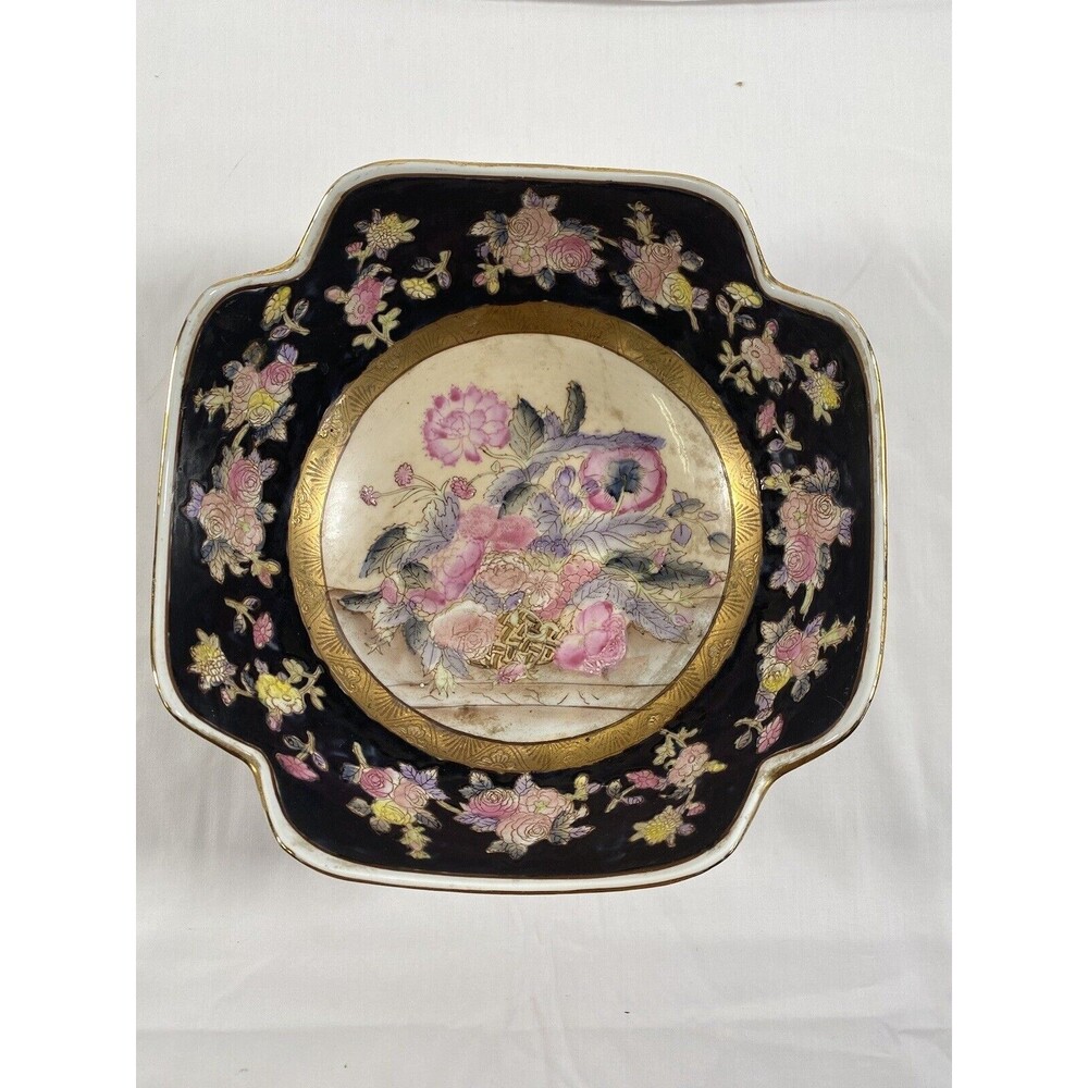 Vintage Chinese Porcelain Hand Painted Large Dish Bowl Guangcai 9 1/2" Gold Trim